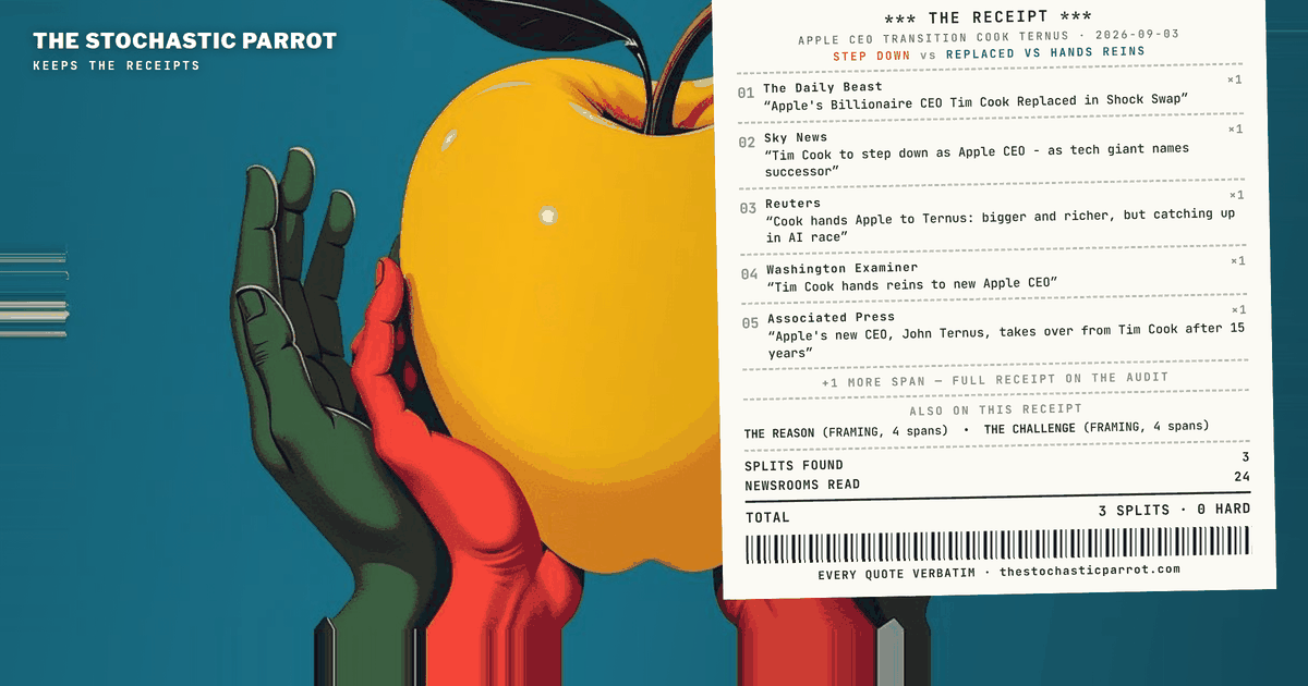 Twenty-three newsrooms agree Tim Cook is out and John Ternus is in. What moves is the naming, the reason, and which emergency the new man inherits.