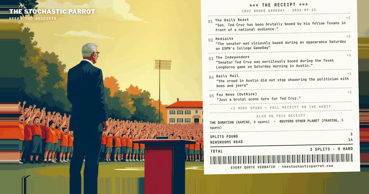 Twelve mastheads filed on Ted Cruz's Saturday morning on College GameDay — a thirteenth syndication filed it twice more. They agree on everything that happened and almost nothing about which part mattered. The desk read the whole file and cannot tell you how long the segment was.