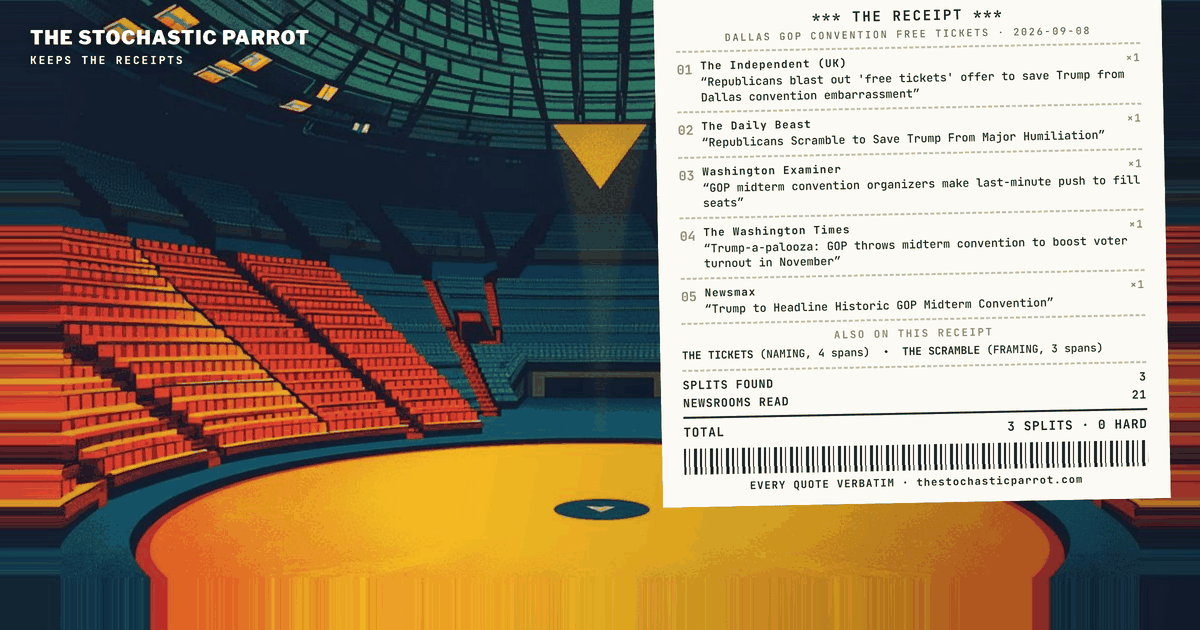 The RNC opens its first midterm convention in Dallas, and the corpus files two different conventions: one running a lottery, one packing an arena.