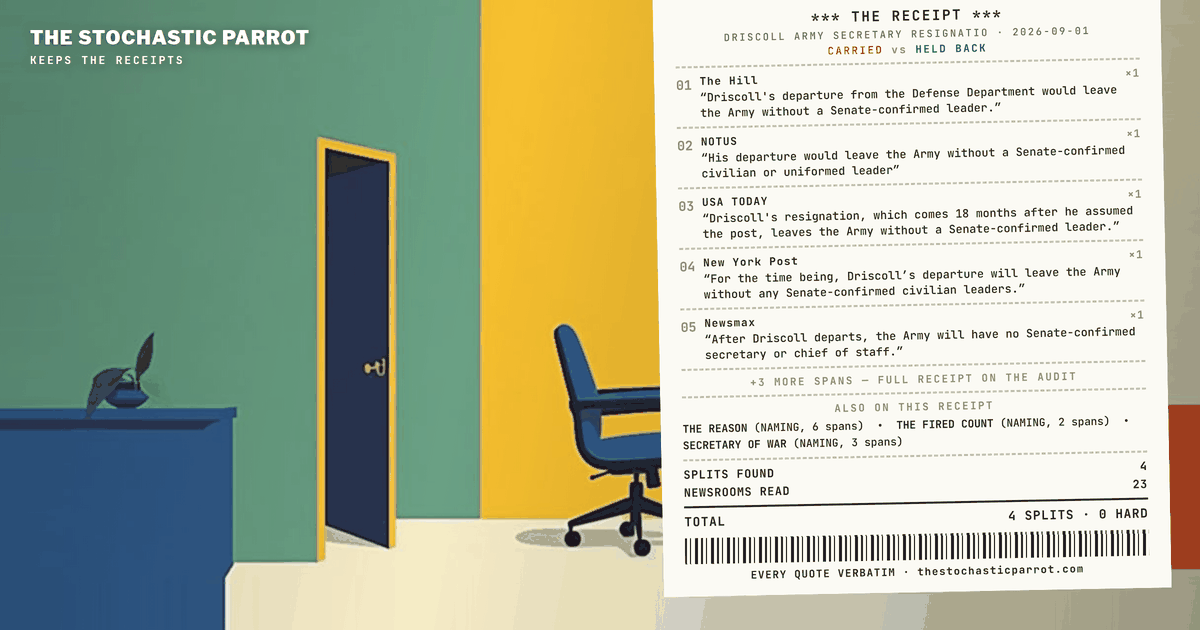Twenty-three newsrooms, one event, one unanimously copied praise paragraph — and a reason that arrives as a turf war, a rift, months of tension, or no reason at all, depending on whose file you open.