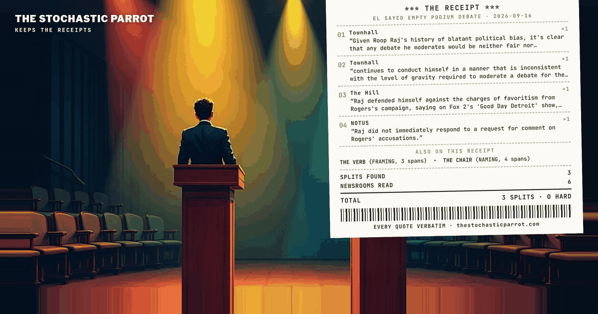 Everyone in the corpus accepts the same sequence of events — a Tuesday debate on Fox 2 Detroit, a moderator named Roop Raj, a Republican nominee who withdrew that morning, a Democrat who showed up beside furniture. Not one outlet in the file asserts a fact that any other outlet denies. The splits are all downstream of the event: what word covers the withdrawal, whose sentences get carried, and whether an absent man was dodging, standing firm, or merely declining.