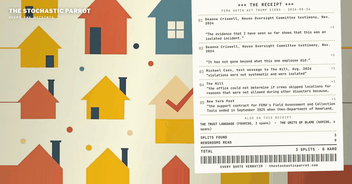 A 2024 oath and a 2026 text message both say the practice stopped there — but the tool that could have checked it against every other storm was allowed to lapse before the newer claim was even filed.