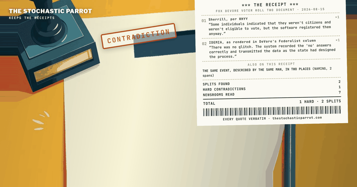 Chuck DeVore published the vendor, the defect and the vote count under his own byline on the eleventh. Fox News Digital interviewed him on the fourteenth and printed none of the three — and told its readers nothing about the federal case at the center of the story being thrown out seven weeks earlier.