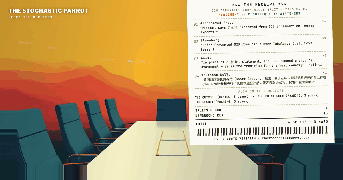 Fifteen newsrooms, one chair's statement, nineteen backers, China alone against — and the desks split on what to call the paper, while a duplicated word passes through three of them untouched.