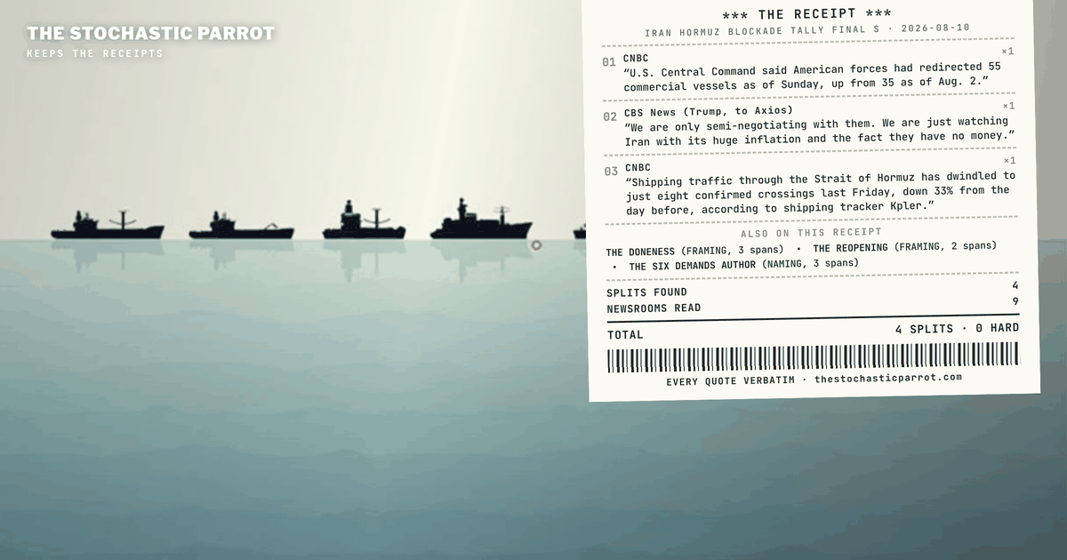The blockade count climbs to 55 ships, the president's word for it is "low keying," and the final-stage Oman deal still cannot say whether it reopens the strait