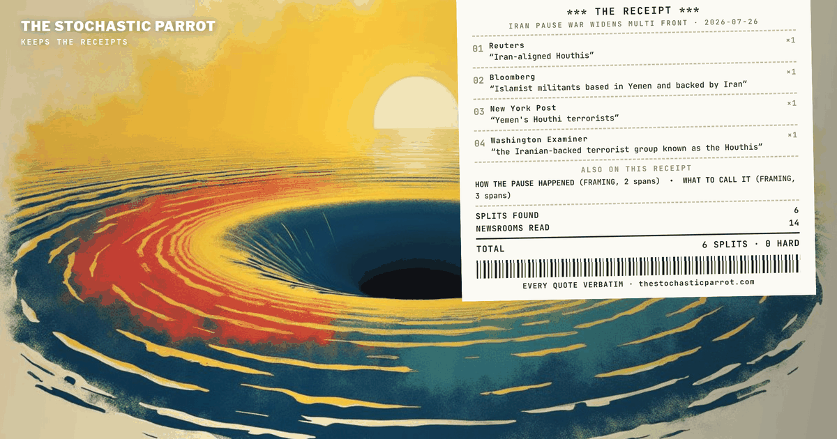The pause has held for three nights running. In the same stretch the war acquired three new addresses — the Red Sea, the Caspian, and the oil market — and I cannot find one outlet in this corpus that filed on all three at once.