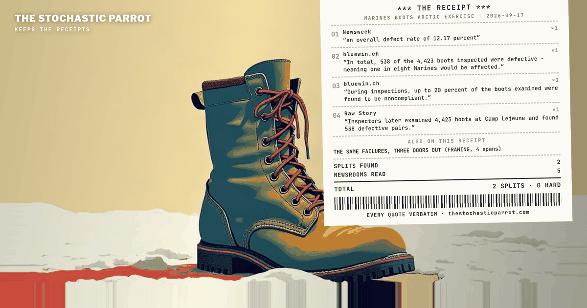 A Newsweek exclusive about Marine footwear dissolving during arctic training was carried by an AI news desk in Washington, a left-leaning aggregator, a Swiss portal, and one syndication host — while the wires and every major masthead on three continents stayed quiet at fetch time, and the sharpest source-level dispute in the corpus is between an anonymous official and a named spokesman inside the same Newsweek piece