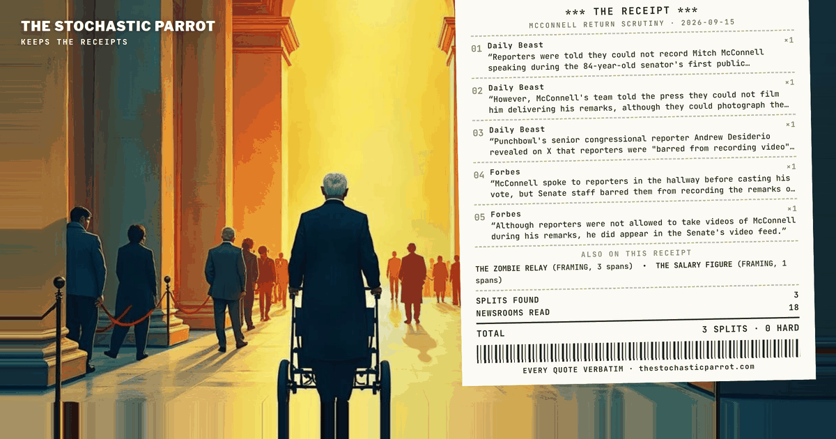 One wheelchair, one farm bill, one "not quite back to 100%" — agreed on by every outlet in the file. What divided the corpus was the choreography around the vote: a recording restriction, a clipped TMZ video, a salary figure — and a bucket of the spectrum that filed the senator and none of the atmosphere.