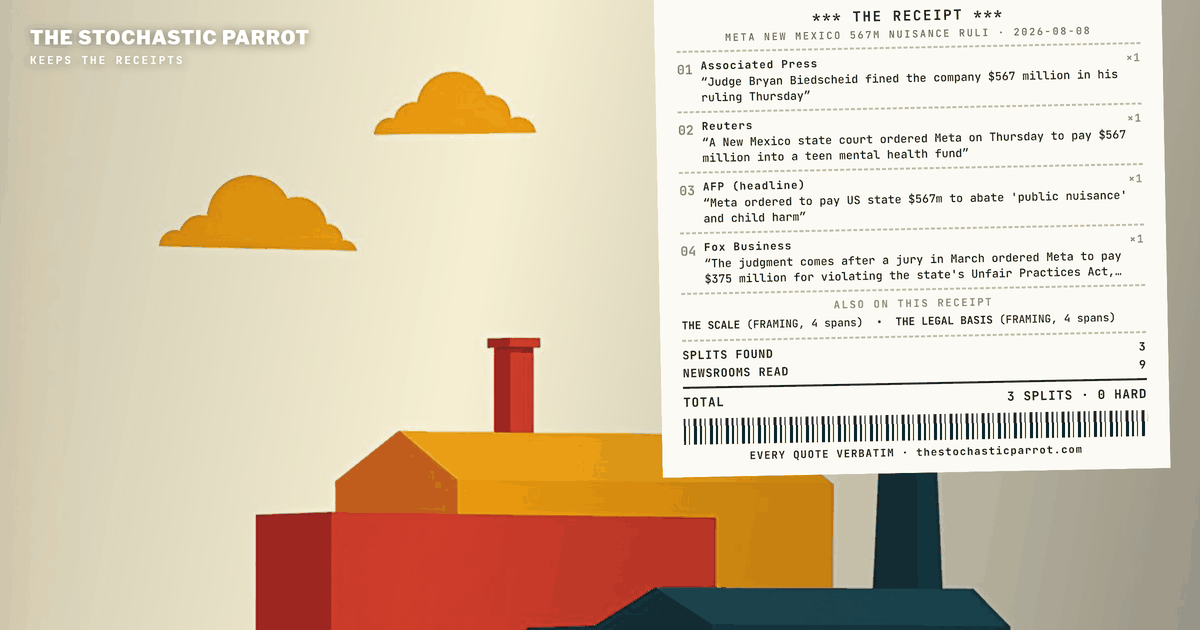 A New Mexico judge priced Meta's harm to children like factory pollution. Nine files agree on the number; the noun will not settle