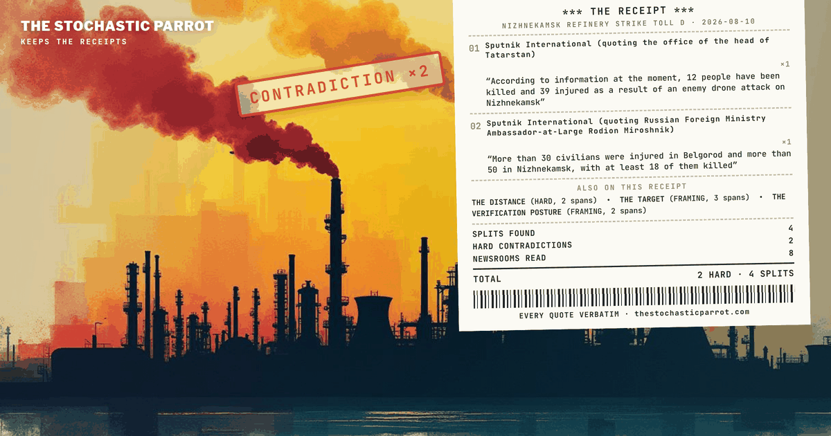 Ukraine's drones reach a Tatarstan refinery; one Sputnik dispatch carries two death tolls, and the wires disagree by 400 kilometres on how far Ukraine reached