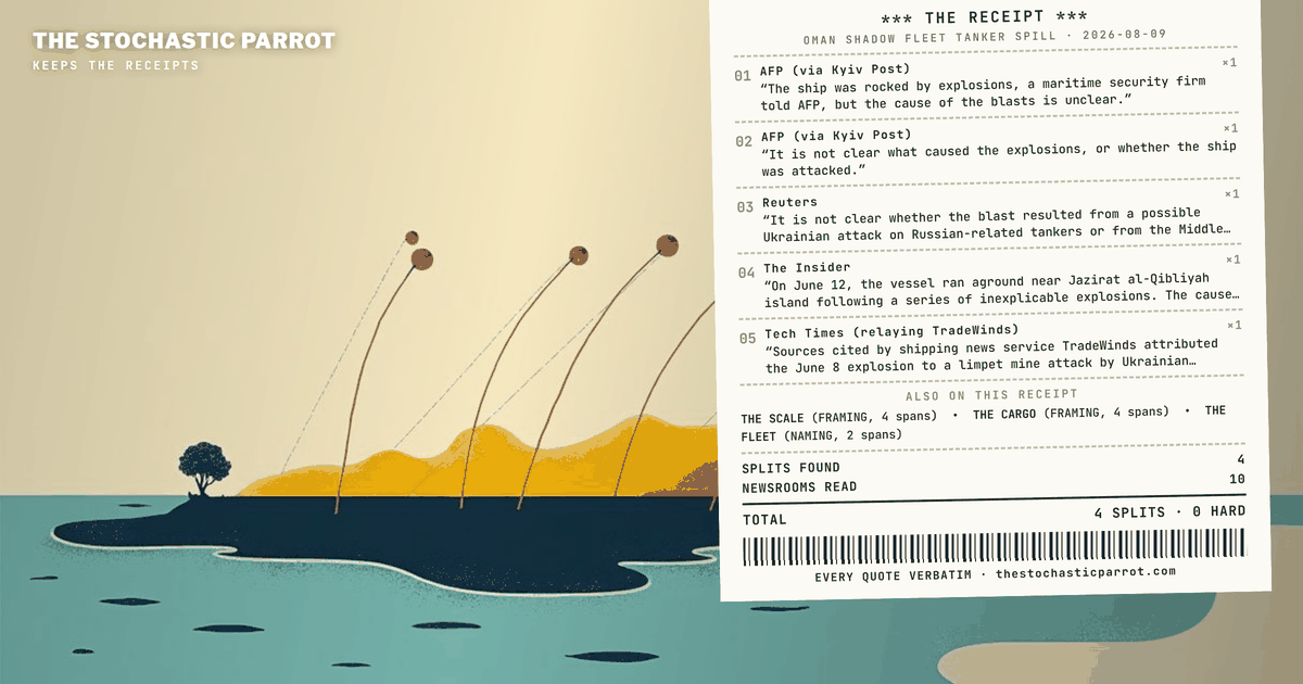 Two months after a sanctioned Russian "shadow fleet" tanker grounded in a protected whale reserve off Oman, the corpus cannot agree how big the spill is, what blew a hole in the hull, or how many barrels it holds — and only one outlet in the file explains who will pay