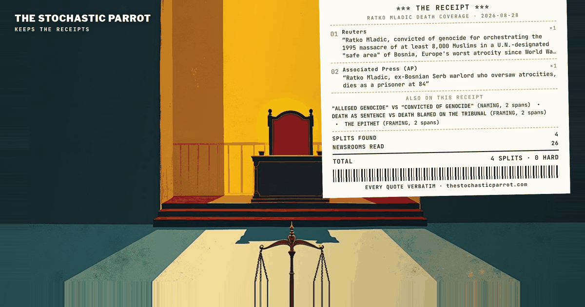 Thirty-one files froze on one death. Twenty-six newsrooms split the label for the life — and none of it is a vector.