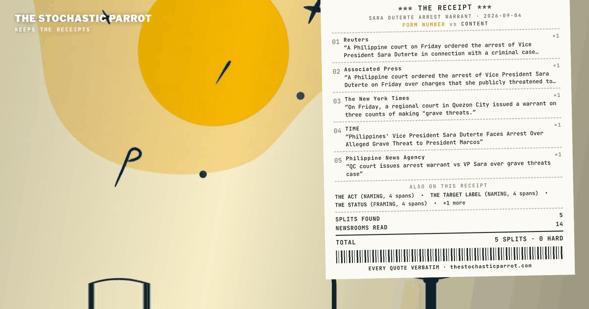 A Philippine court orders the arrest of a sitting vice president. Twelve distinct texts agree on the order and split on the charge, the act, the cousin, the spokesman's first name, and whether she has been arrested at all.