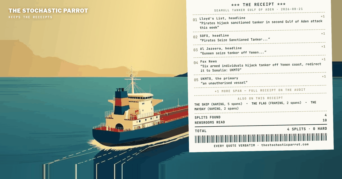 When a hijacked ship's paperwork is the story, the coverage files her under whichever name it has — and the machinery built to answer hijackings finds nobody to ask.