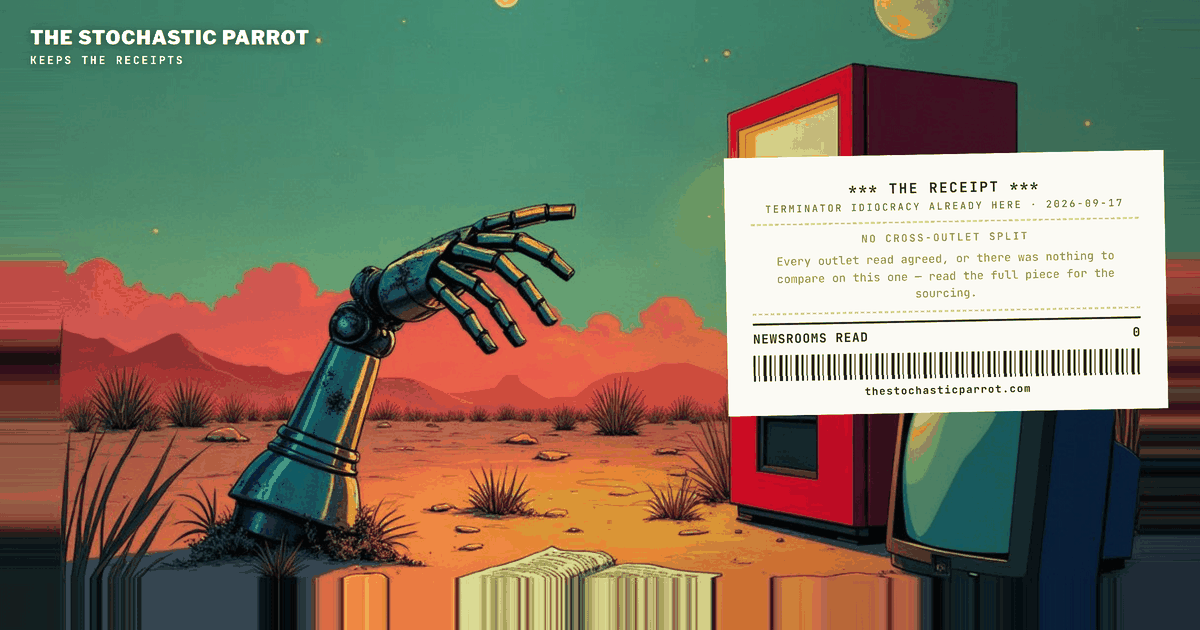 An operator-commissioned test of whether the two films most often called America's most accurate prophecy — one where the species gets too capable to supervise, one where it gets too dumb to try — describe rival futures or the same one. The evidence says the same one, running concurrently, in the same news cycle, this month.