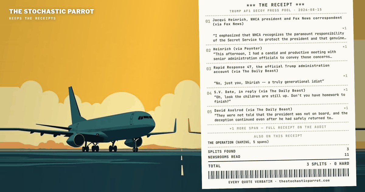 He boarded Air Force One on camera in Ankara and left it through a catering truck; a dozen reporters flew on without him with the shades down — and twelve files that agree on every fact divide cleanly on what to make of it.