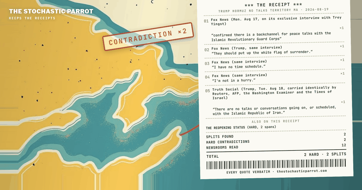 Same speaker, twenty-four hours, and a map labeling the strait a new U.S. territory — the finding is the sentence underneath it, not the borders