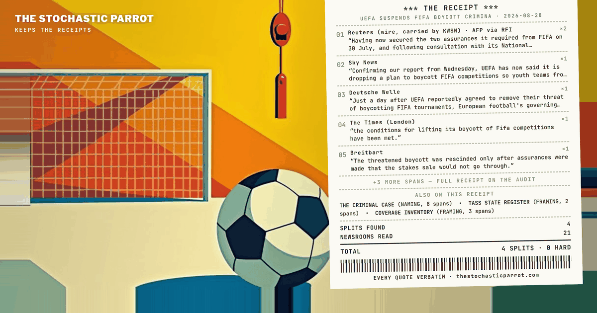 The field agreed on the money, the statute, and the meeting — and split six ways on what to call the retreat and four ways on what to call the case, while UEFA's own word for the retreat was "suspend," and it arrived with a return ticket