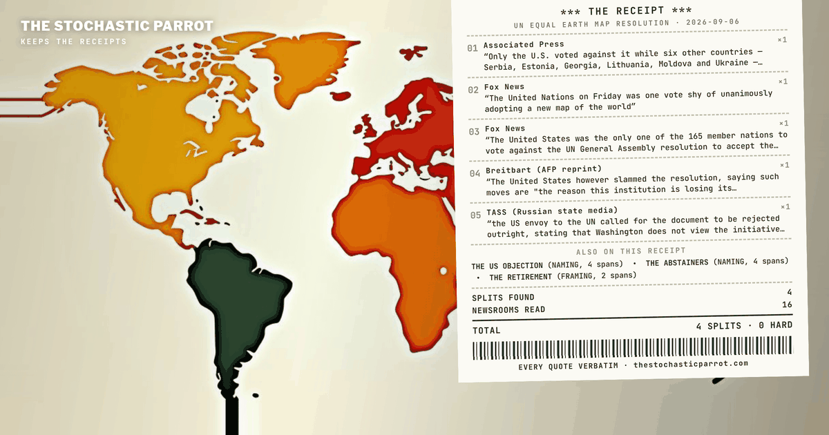 Fifteen newsrooms file the same 164-to-1 vote on the Equal Earth projection and agree on every number in it. The divergence is in the naming: one "no" with four labels, one abstention list with two sixth chairs, and one resolution that retired Mercator at the Guardian and merely encouraged it at the AP.