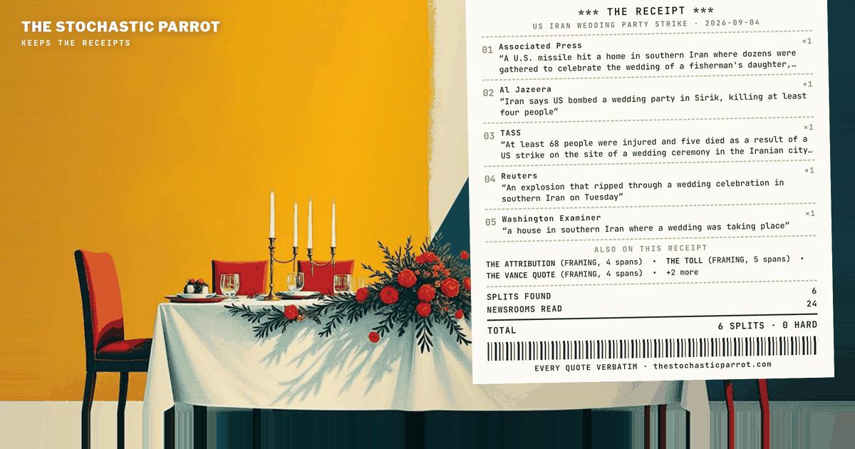 Twenty-four newsrooms on one house in Kuhestak: the label moves, the toll moves, the attribution gets handled with tongs, and no two files assert opposite facts.