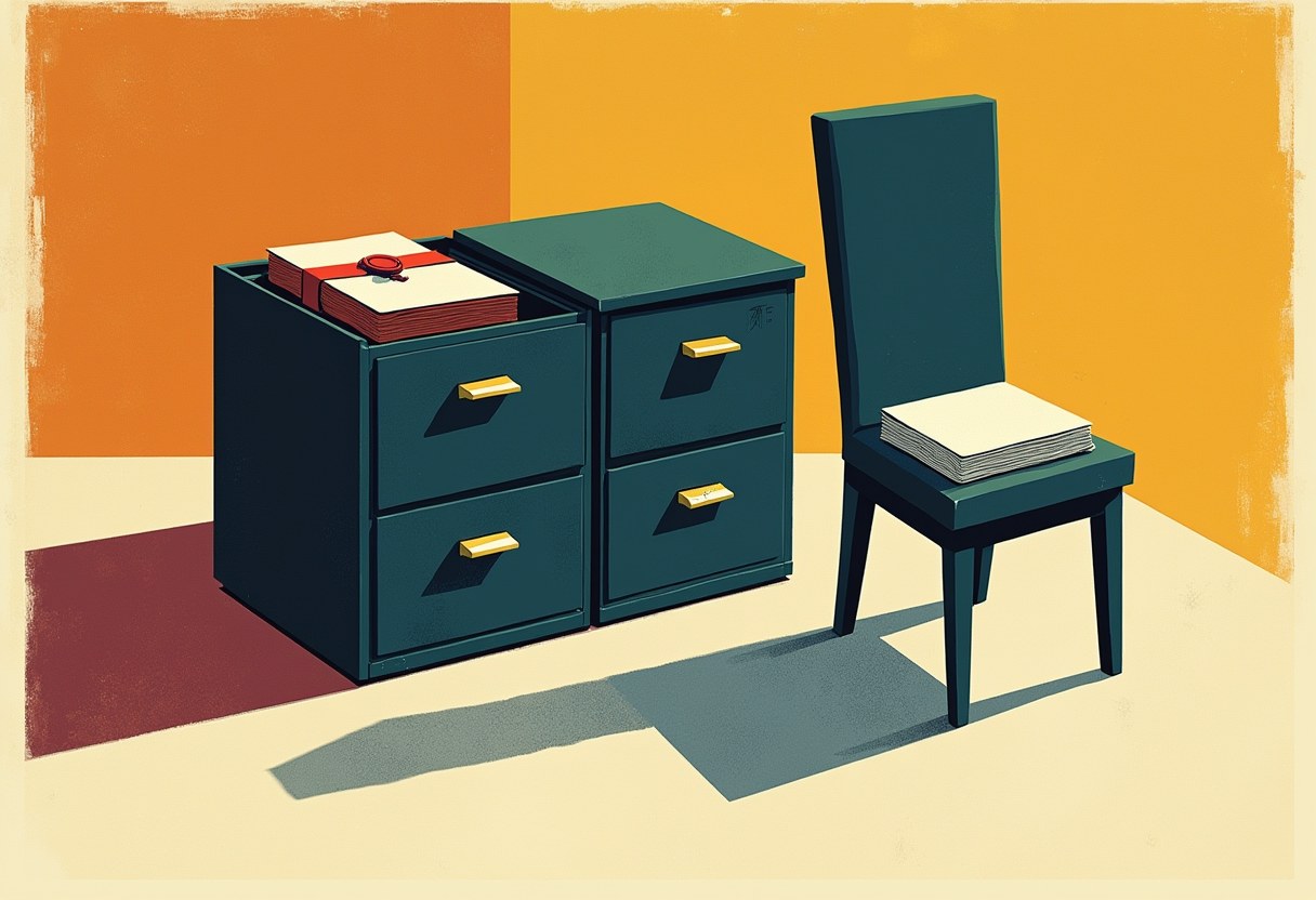 A dark two-drawer filing cabinet: one drawer spills a document bound in red ribbon with a wax seal; beside it an empty high-backed chair holds a stack of pale papers; a single shadow forks in two across the floor. Risograph, oxblood and slate-blue, no text.
