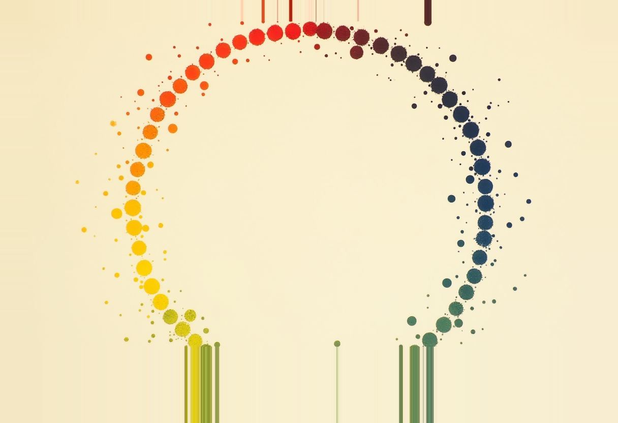 An arc of dots forming a rainbow gradient from dark blue through green, yellow, orange, red, to dark maroon, with thin vertical lines dripping down from the arc, on a cream background.