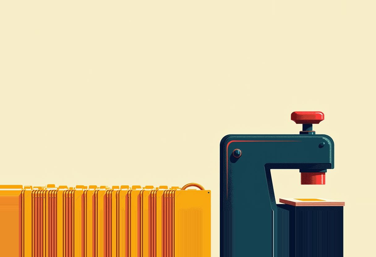 Illustration of a row of orange file folders beside a large dark teal stamping press with a red button and red stamp head over a stack of paper, on a cream background.