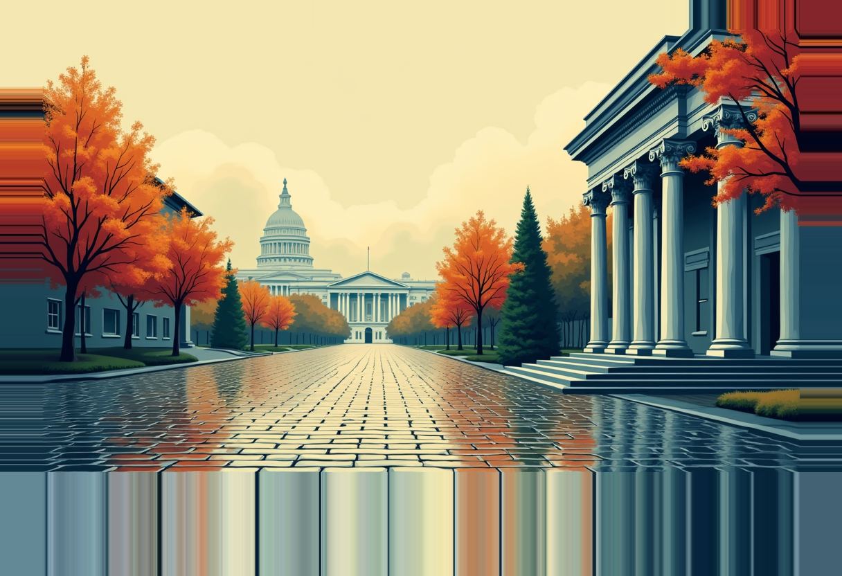 A wet cobblestone plaza lined with autumn trees leads toward a domed government building, flanked by a columned building on the right, with glitch-like vertical distortion across the bottom.