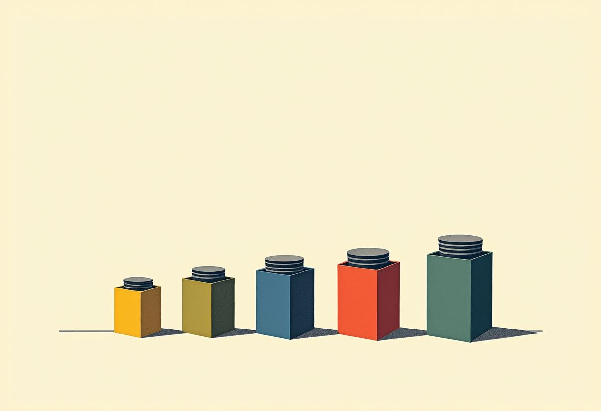 Five 3D bar-chart-like blocks of increasing height, colored yellow, olive, blue, orange, and teal, each topped with a stack of dark coin-like discs, on a pale cream background.