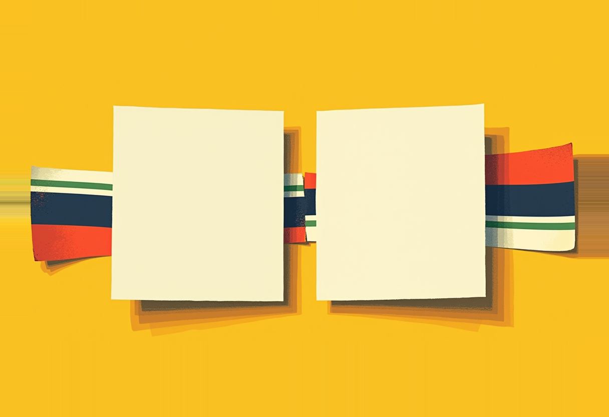 Two blank cream sheets of paper overlap a striped red, navy, and green ribbon threading across a solid yellow background.