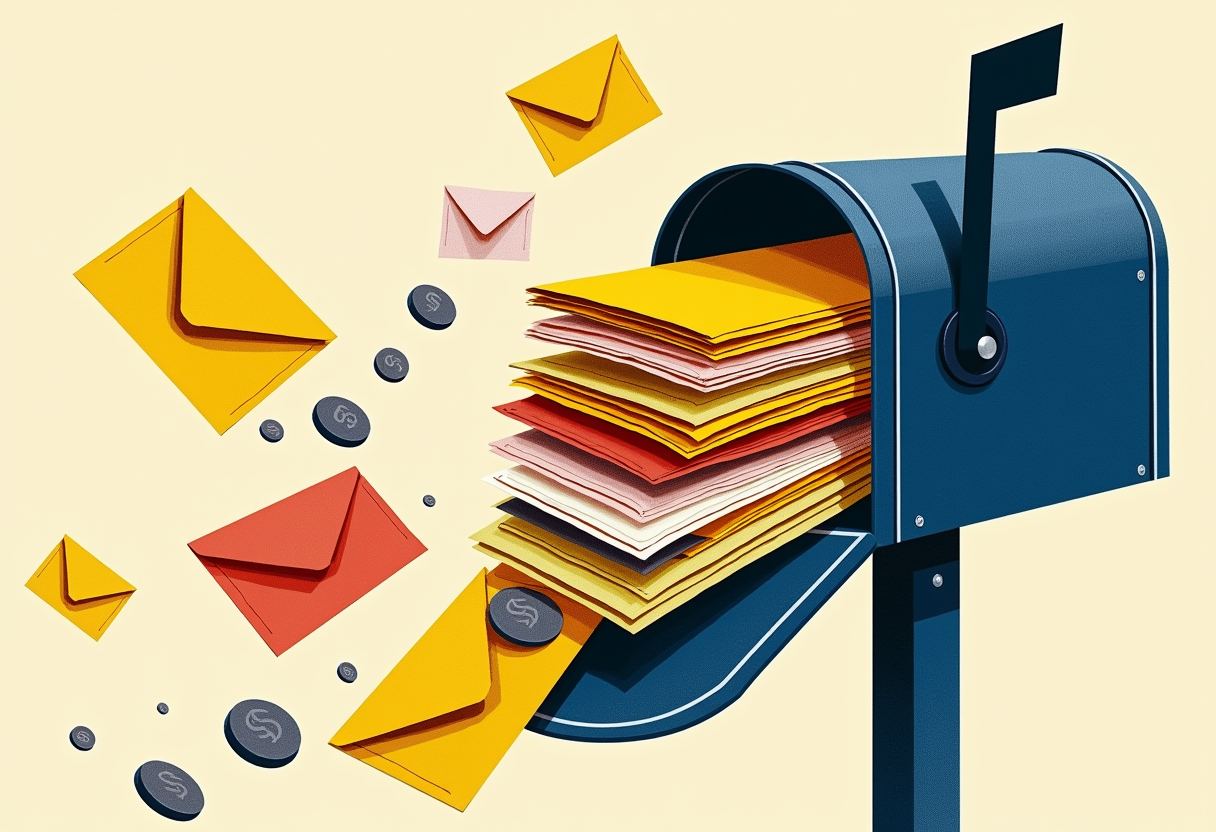 A blue mailbox overflowing with a thick stack of yellow, pink, red and white envelopes, with more envelopes and dark coins scattered in the air around it.