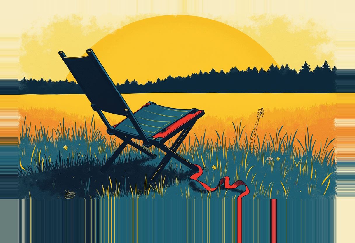 An empty folding camp chair sits in tall grass at sunset, a red ribbon trailing from its leg past a small ladder standing alone in the field.