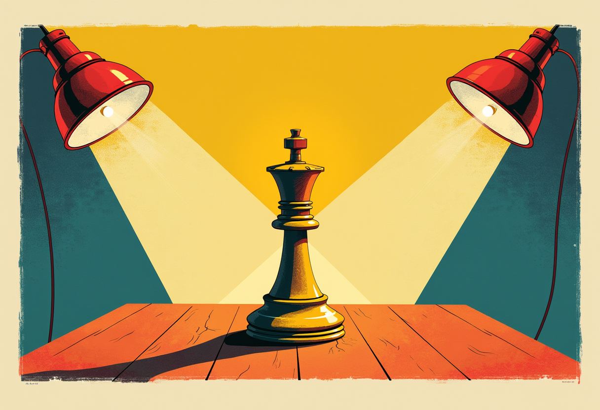 A gold king chess piece on a wooden table, lit by two red desk lamps shining beams from the top corners against a yellow and teal background.