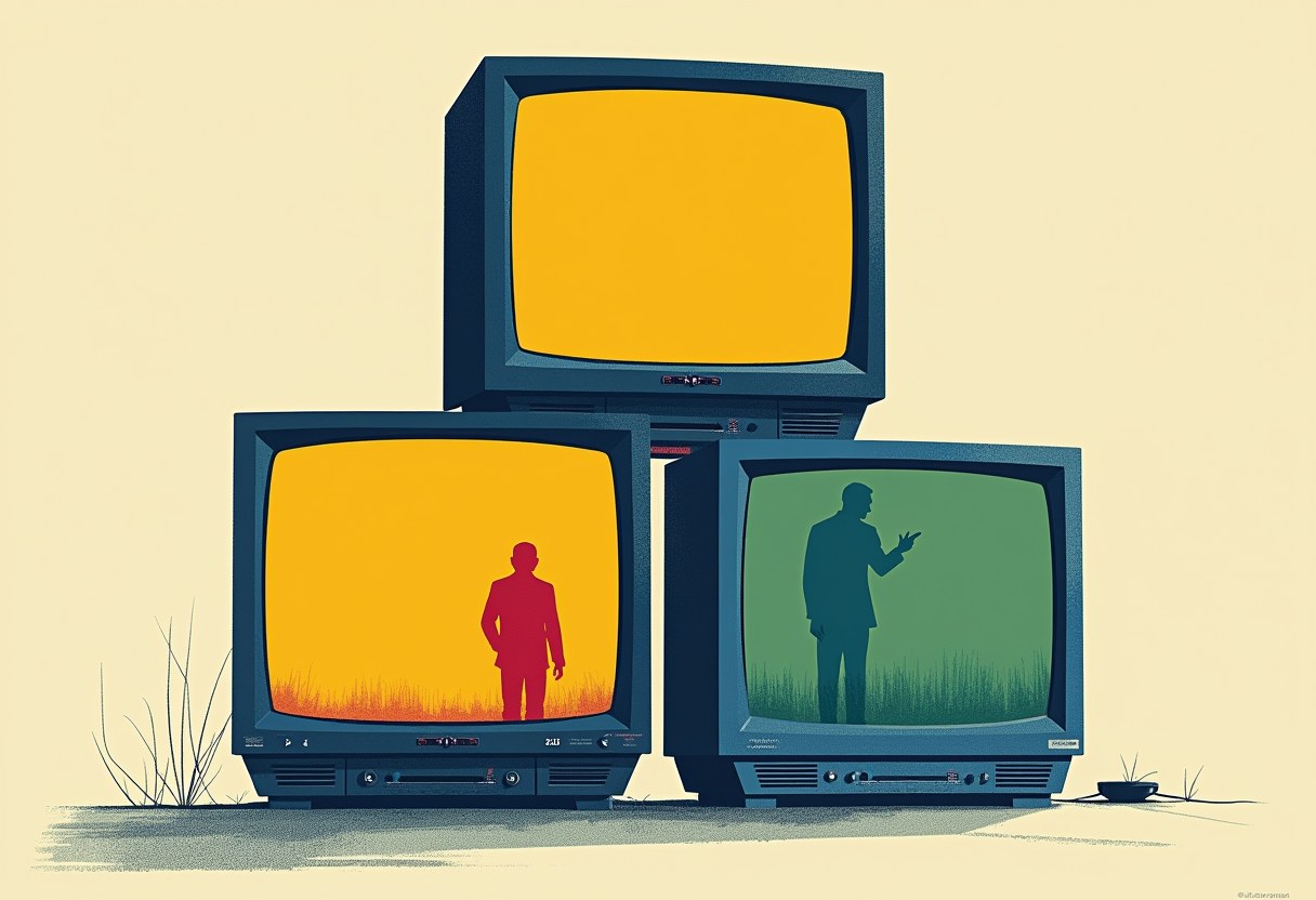 Editorial illustration of three TV screens with three different lower-third tickers and one indecisive silhouette