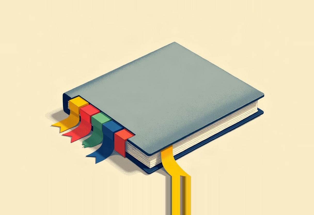 A closed grey book with a navy edge sits on a cream background, with five colored bookmark ribbons—yellow, red, green, blue, red—tucked in its side and one long yellow ribbon hanging from the bottom.