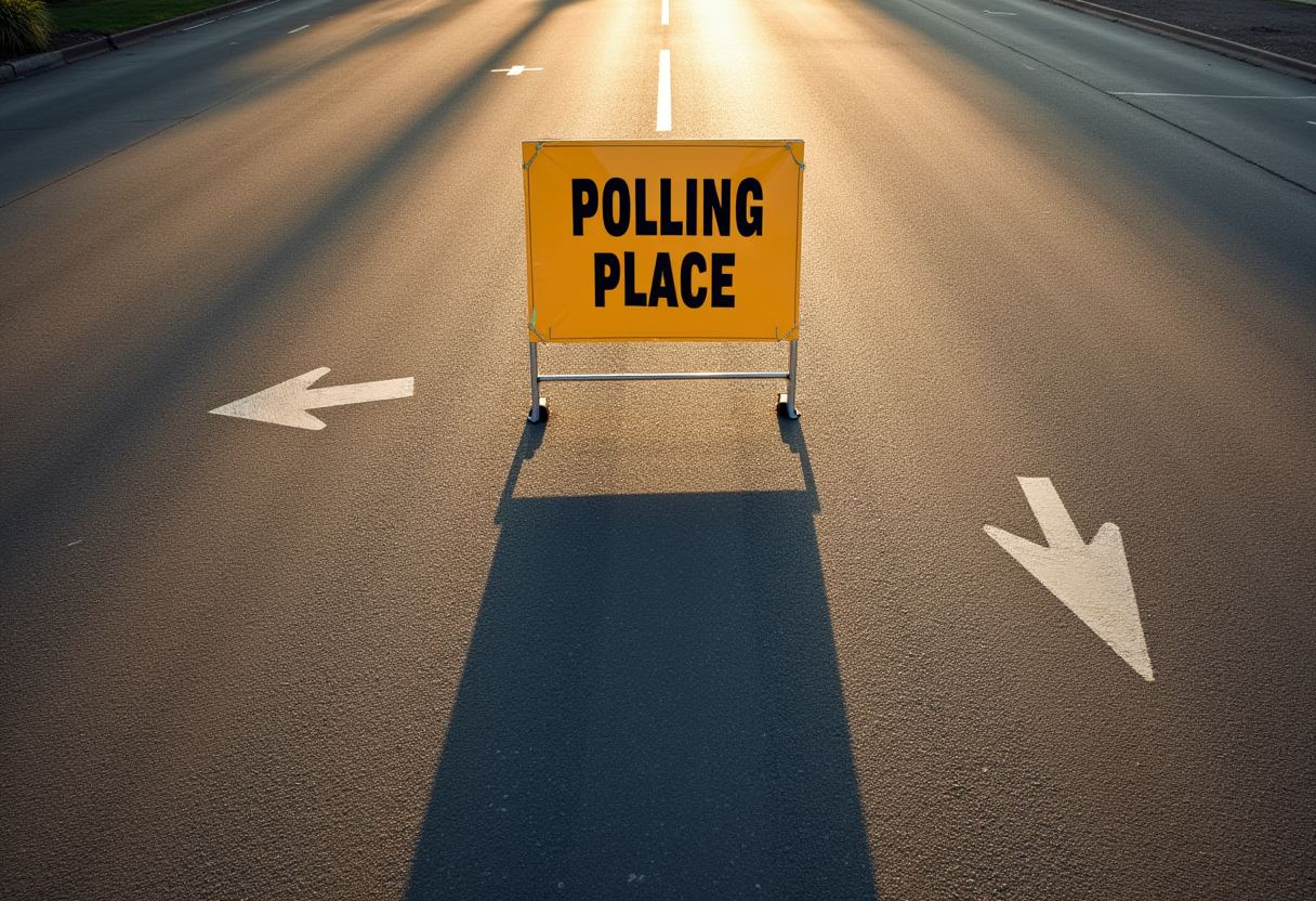 A yellow 'POLLING PLACE' sign stands on an empty road at sunset, casting a long shadow, with white arrows pointing left and right on the pavement.