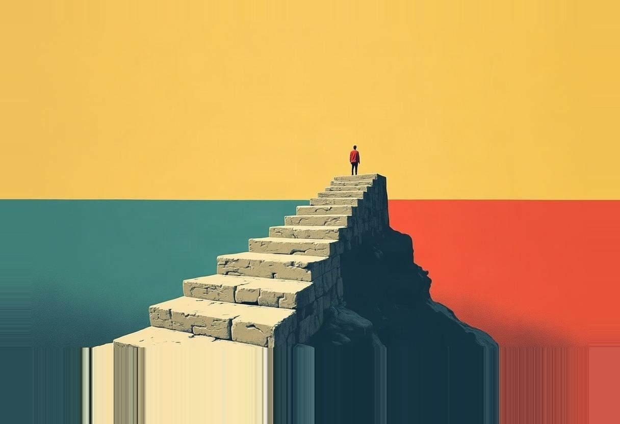 A small figure in a red jacket stands atop a stone staircase leading to a rocky peak, set against a yellow sky over teal and red halves of background.
