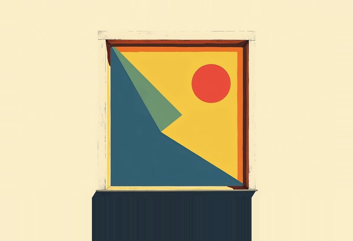 A cream-walled window frame with red-brown trim opens onto an abstract scene of a dark blue triangular landform, a green diagonal wedge, and a red circle on a yellow-orange background.