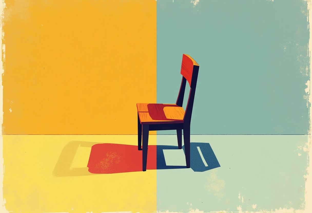 A single wooden chair with a red-and-orange seat and dark frame stands where a yellow wall meets a teal wall, casting a red shadow on yellow and a blue shadow on teal.