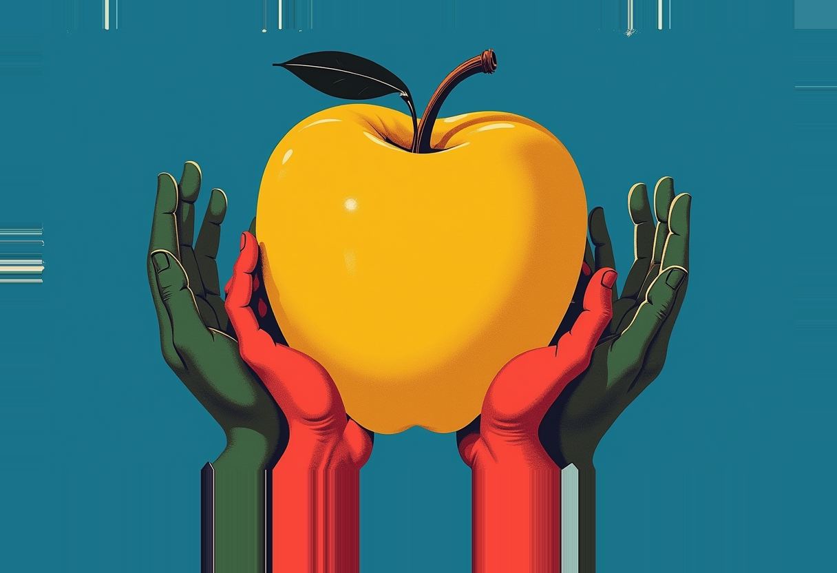 Two pairs of hands, one red and one dark green, cup a large yellow apple with brown stem and dark leaf against a teal background.