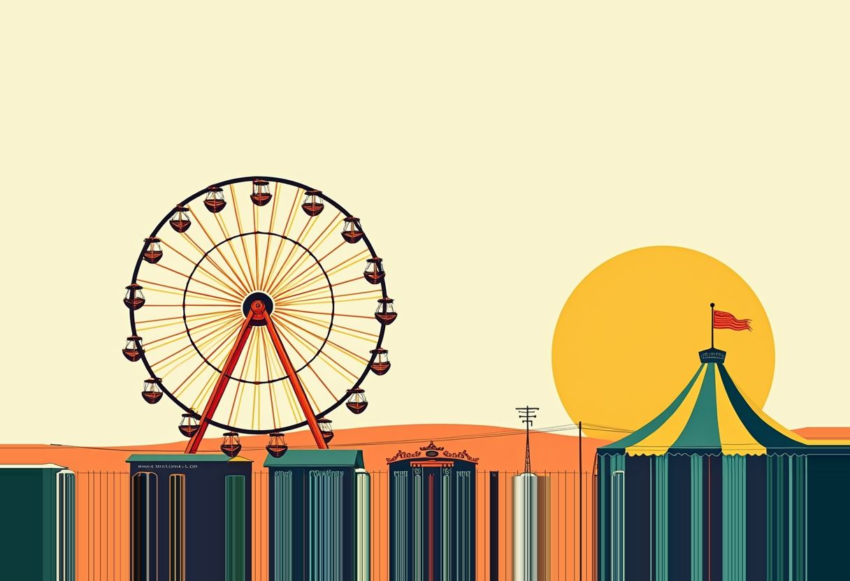A ferris wheel and a striped circus tent with a flag sit beside a large orange sun and a row of dark buildings behind a fence.