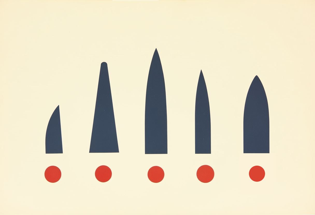 Five tall dark-blue spike shapes of varying widths and heights stand above five small red circles, on a cream background.