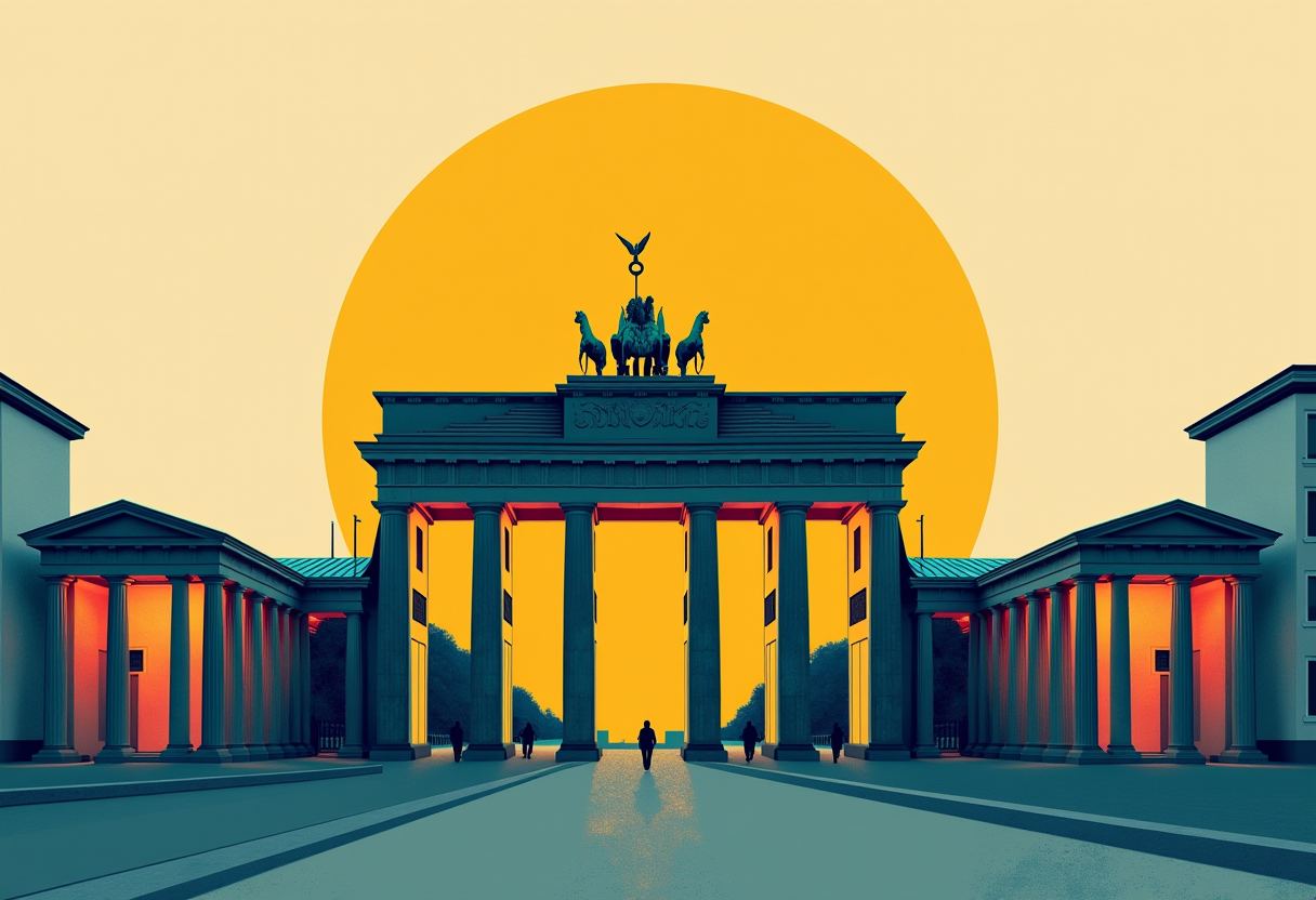Stylized illustration of Berlin's Brandenburg Gate with its quadriga statue silhouetted against a large orange sun, flanked by colonnades, small figures walking through the columns.