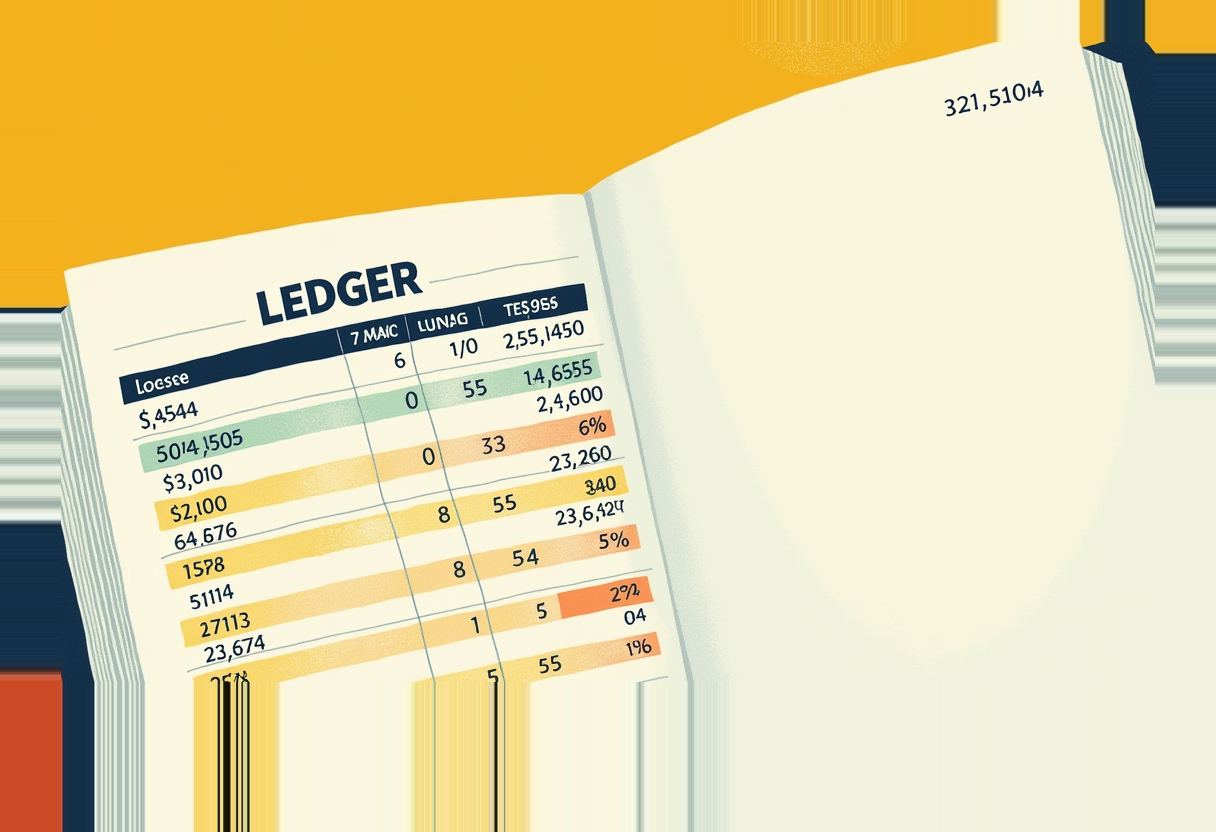 An open ledger book with a blank right page and a left page of rows and columns with numbers, percentages, and highlighted cells, against a mustard-yellow and navy striped background.