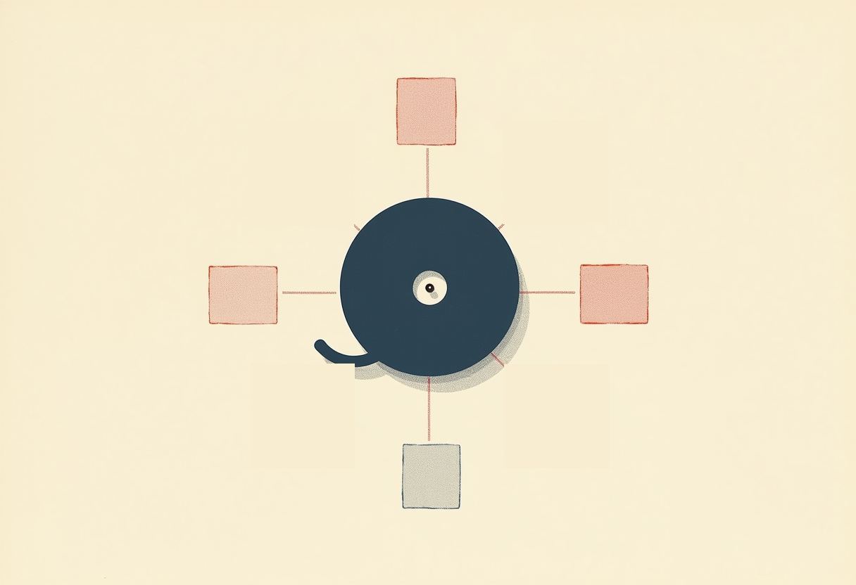 A dark blue circle with one small eye and a curled tail sits at the center of four thin lines connecting to three pink squares and one gray square, on a cream background.