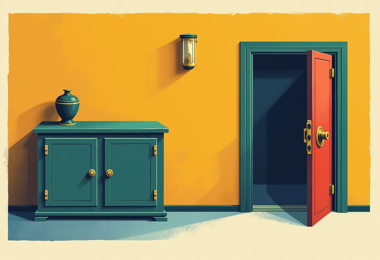 A red door with brass hardware stands ajar in a teal frame on an orange wall, beside a wall lantern and a teal cabinet topped with a vase.