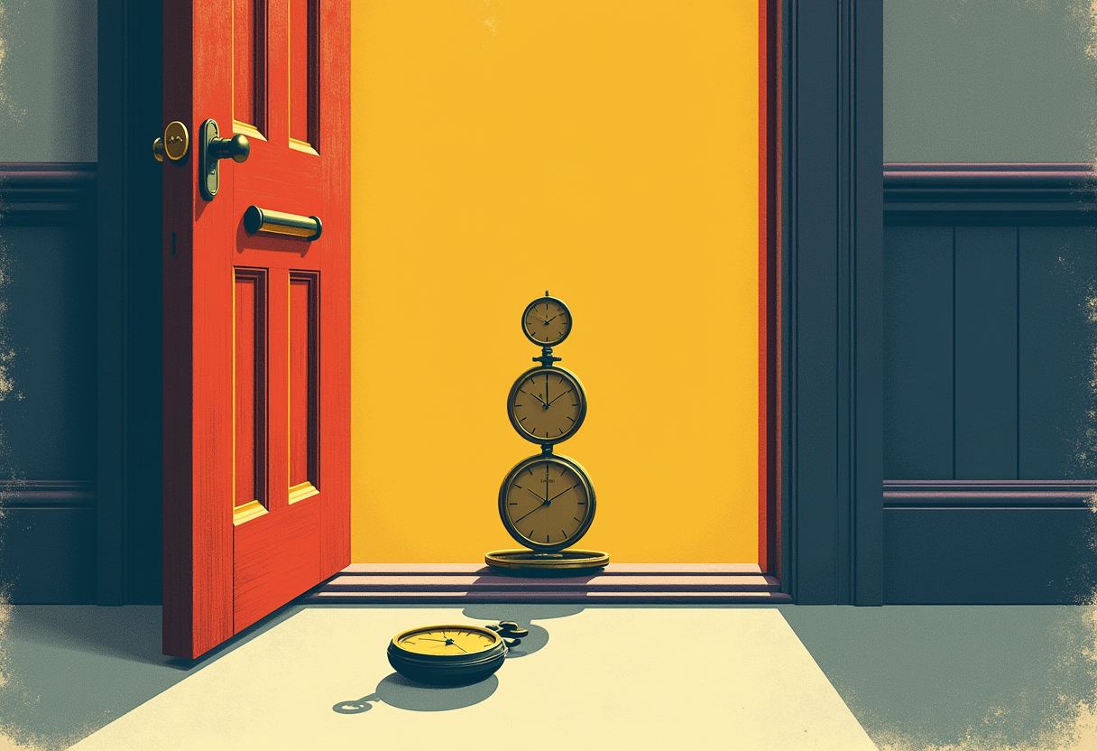 An open red door reveals a mustard-yellow room with three stacked round pocket watches standing upright; a fourth watch lies open on the floor in front.