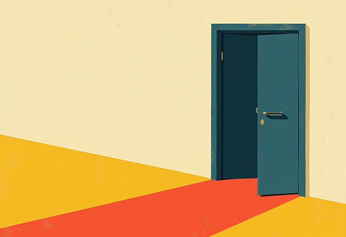 A dark teal door stands ajar in a pale yellow wall, its shadow falling as an orange triangle across a yellow floor.