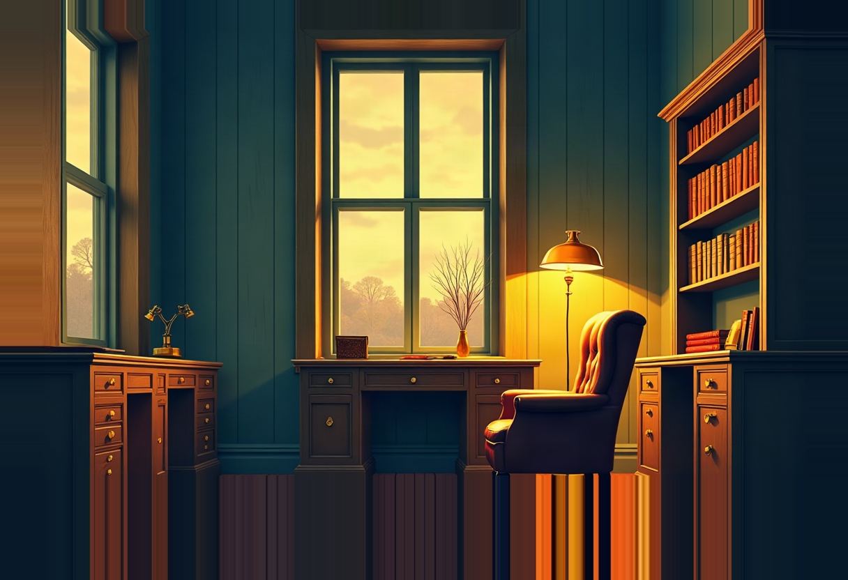 Illustration of a wood-paneled study at dusk with three desks, a leather wingback chair, a lit floor lamp, a bookshelf, and a tall window showing bare trees.