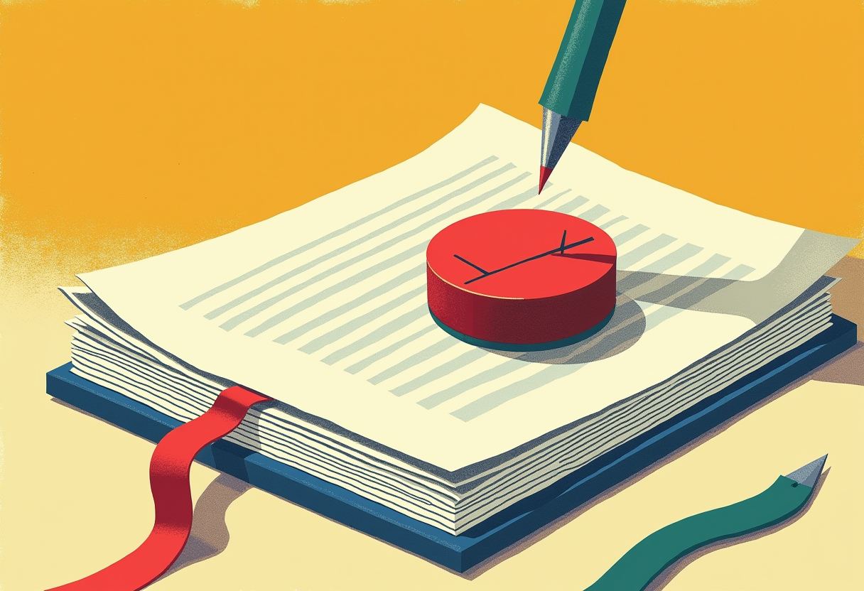 A thick document with a red ribbon bookmark and a red cylindrical seal marked with an X, a green pen poised above it, on an orange background.
